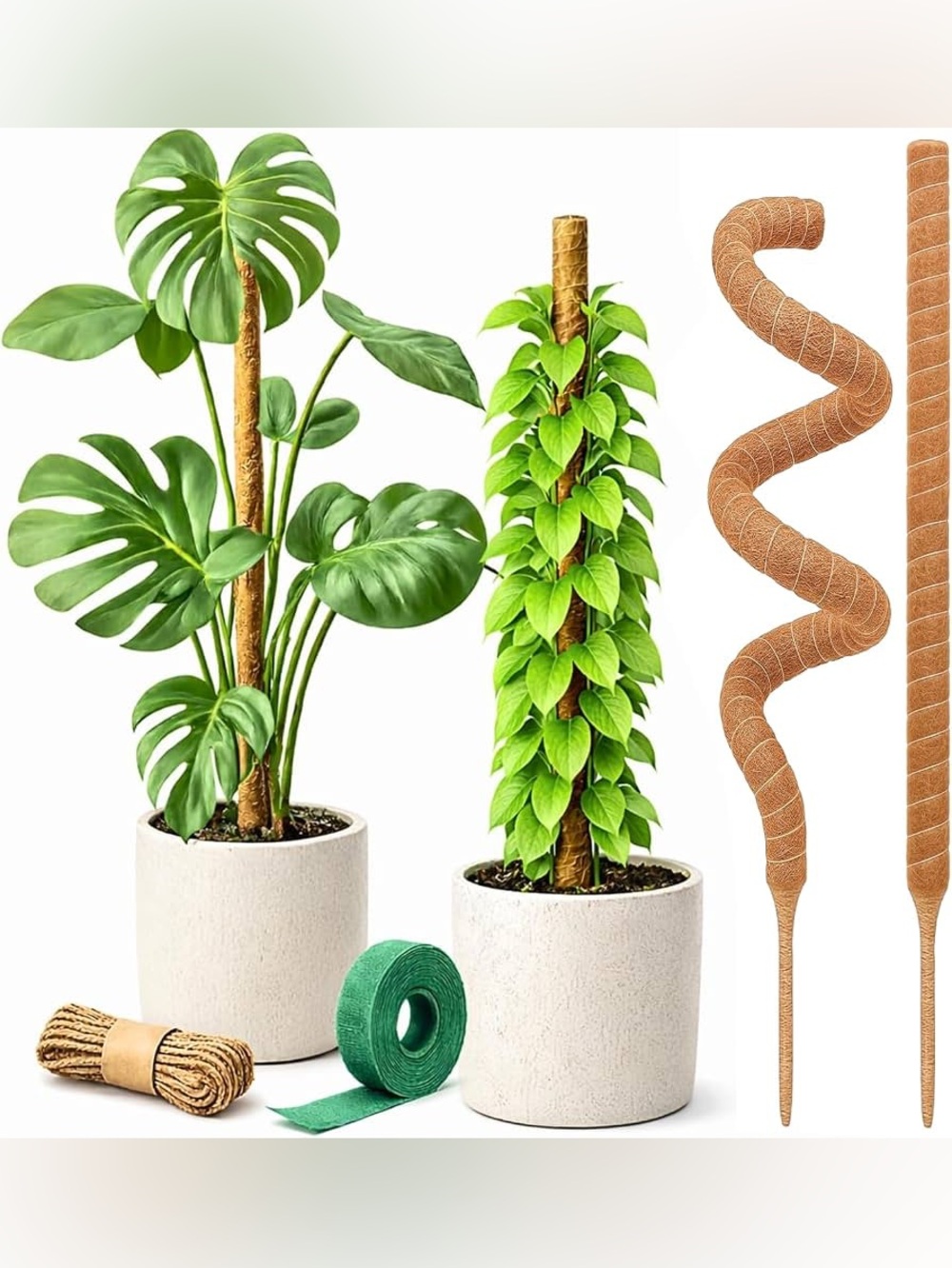 Plant Moss Pole Support Stakes w Coconut Coir Spiral & Green Floral Tape 2 pack